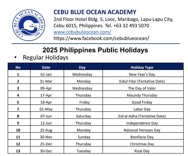 Lịch nghỉ lễ trường Anh ngữ Cebu Blue Ocean 2025