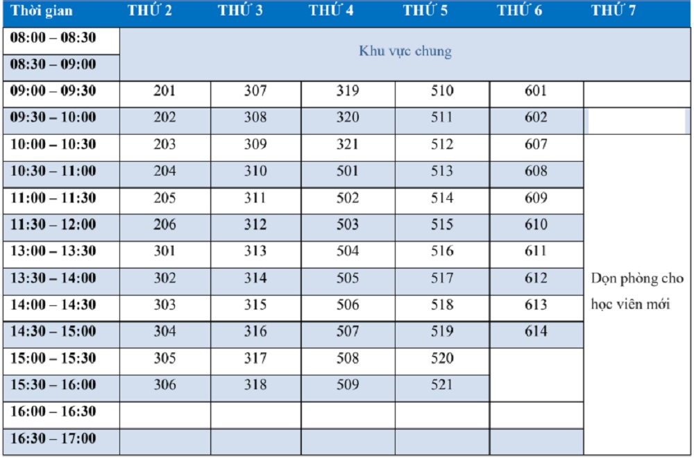 lịch dọn dẹp tại trường cella premium