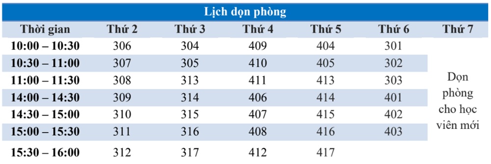 lịch dọn dẹp tại trường CELLA Uni 